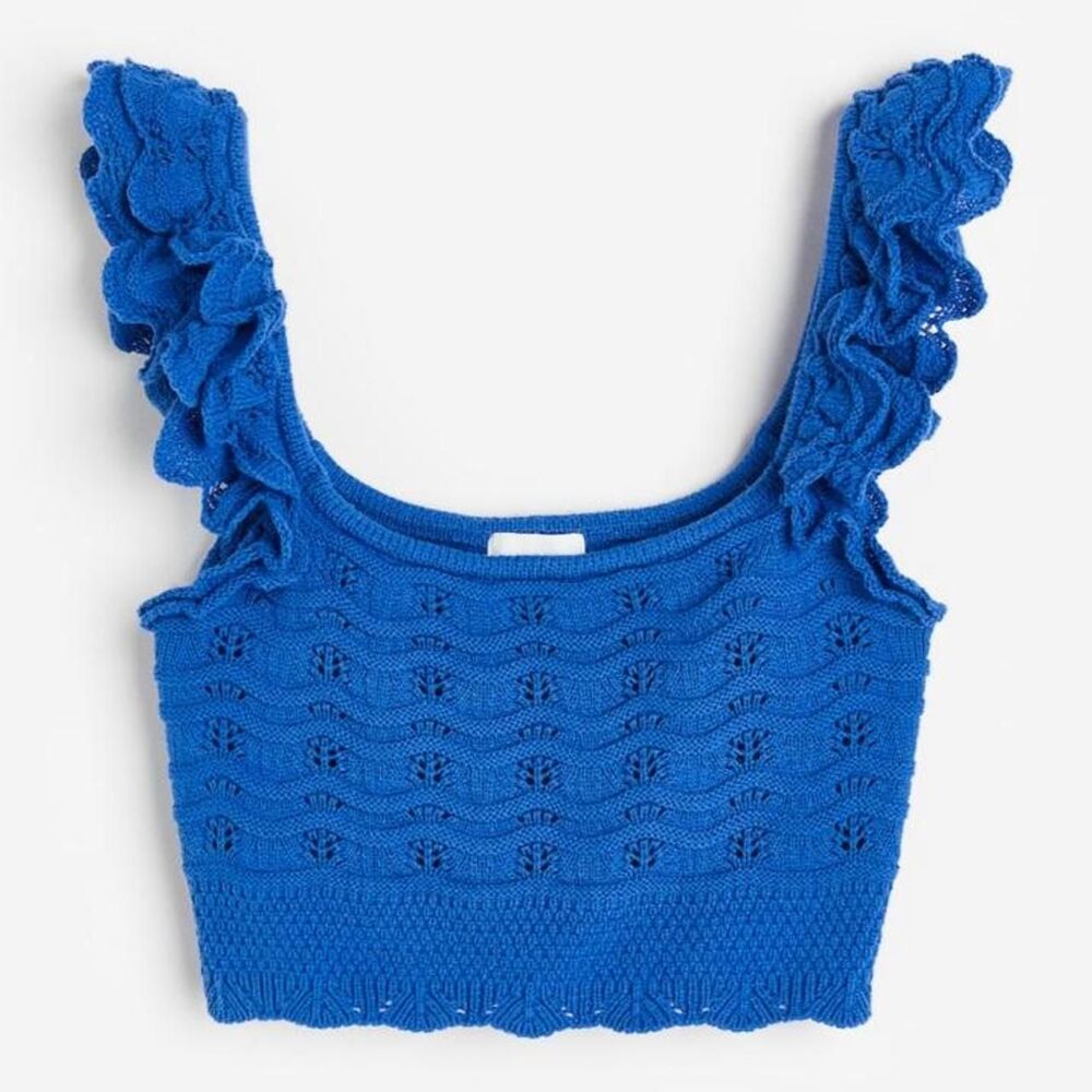 Blue crochet crop top with ruffle trim and scalloped hem
